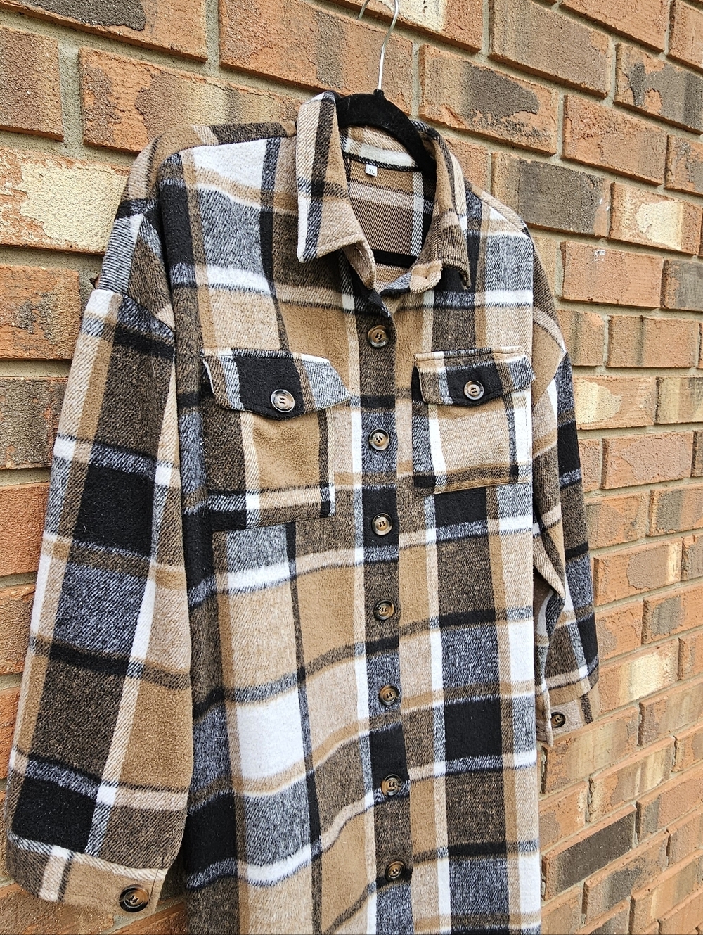 Plaid Button-Up Shacket in Camel, Black & White